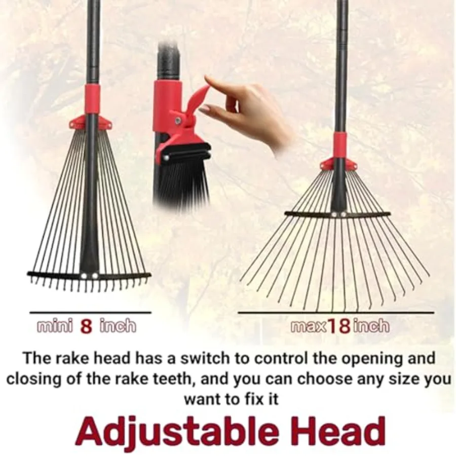 Adjustable Metal Leaf Rake, 18 Metal Tines Heavy Duty Leaves Rake for Lawns with 8-18