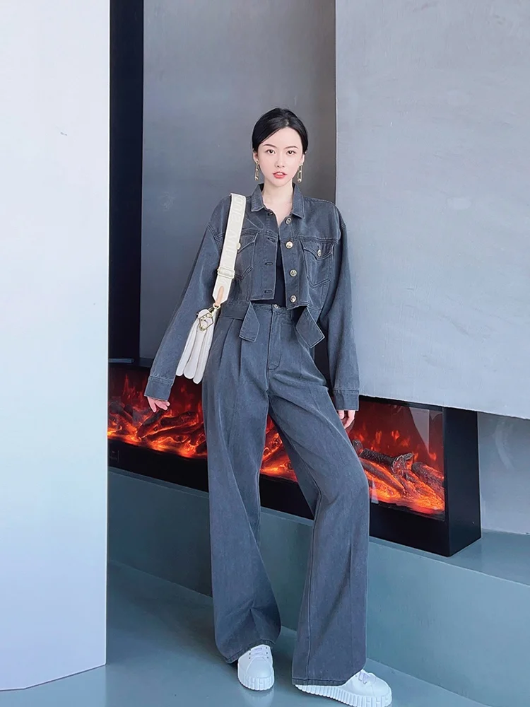 

SVLI Star Denim Set Jacket High Waist Wide Leg Jeans Women Loose Floor-Length Straight Slimming Dark Grey White