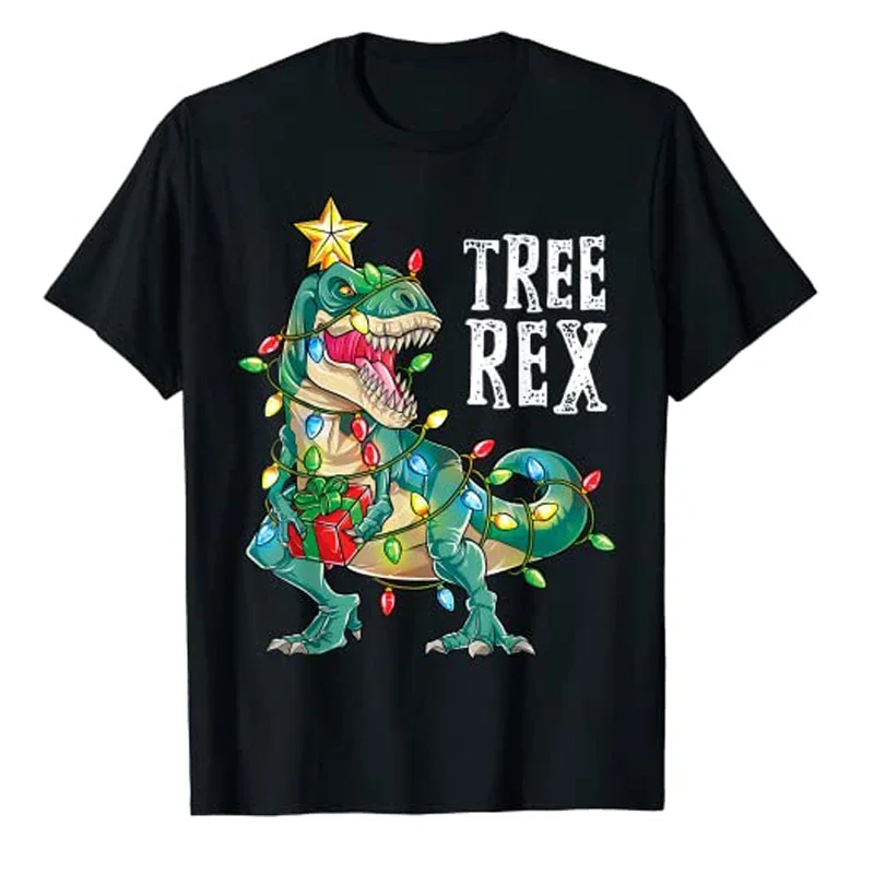 Gift Cute Dino Wear Xmas Lights Graphic Tee Top Family Matching Christmas Dinosaur Tree Rex Pajamas Men Boys Xmas Lights T-Shirt