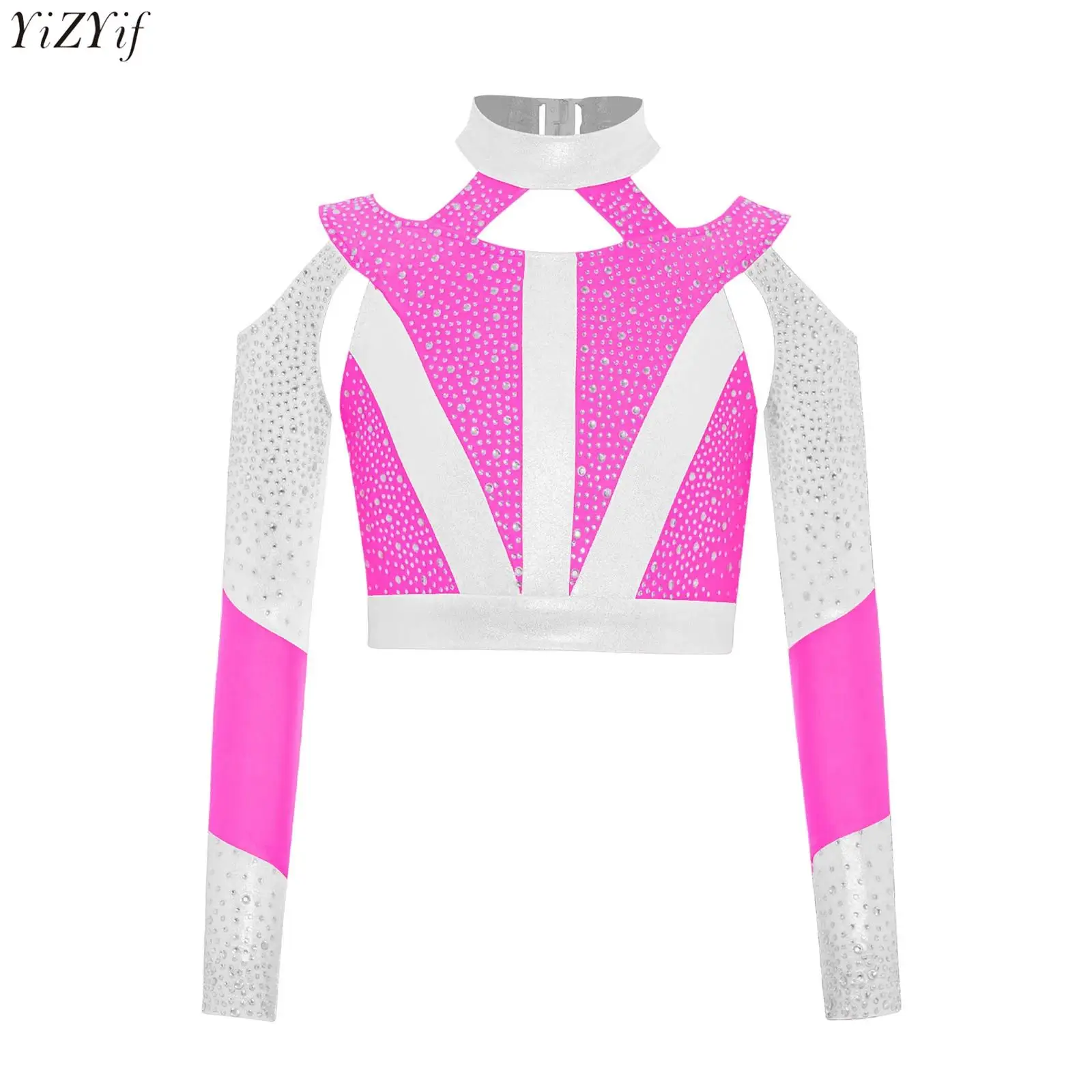 

Kids Girls Dance Top Gymnastics Acrobatics Ballet Dancewear Long Sleeve Shiny Rhinestones Color Block Cross Back Cutout Crop Top
