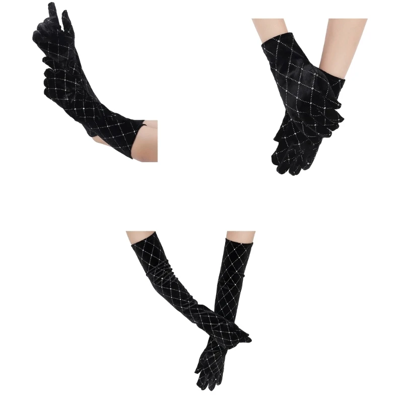 

Stretch Rhinestones Long Gloves Women Crystal Velet Full Finger Gloves Dropship