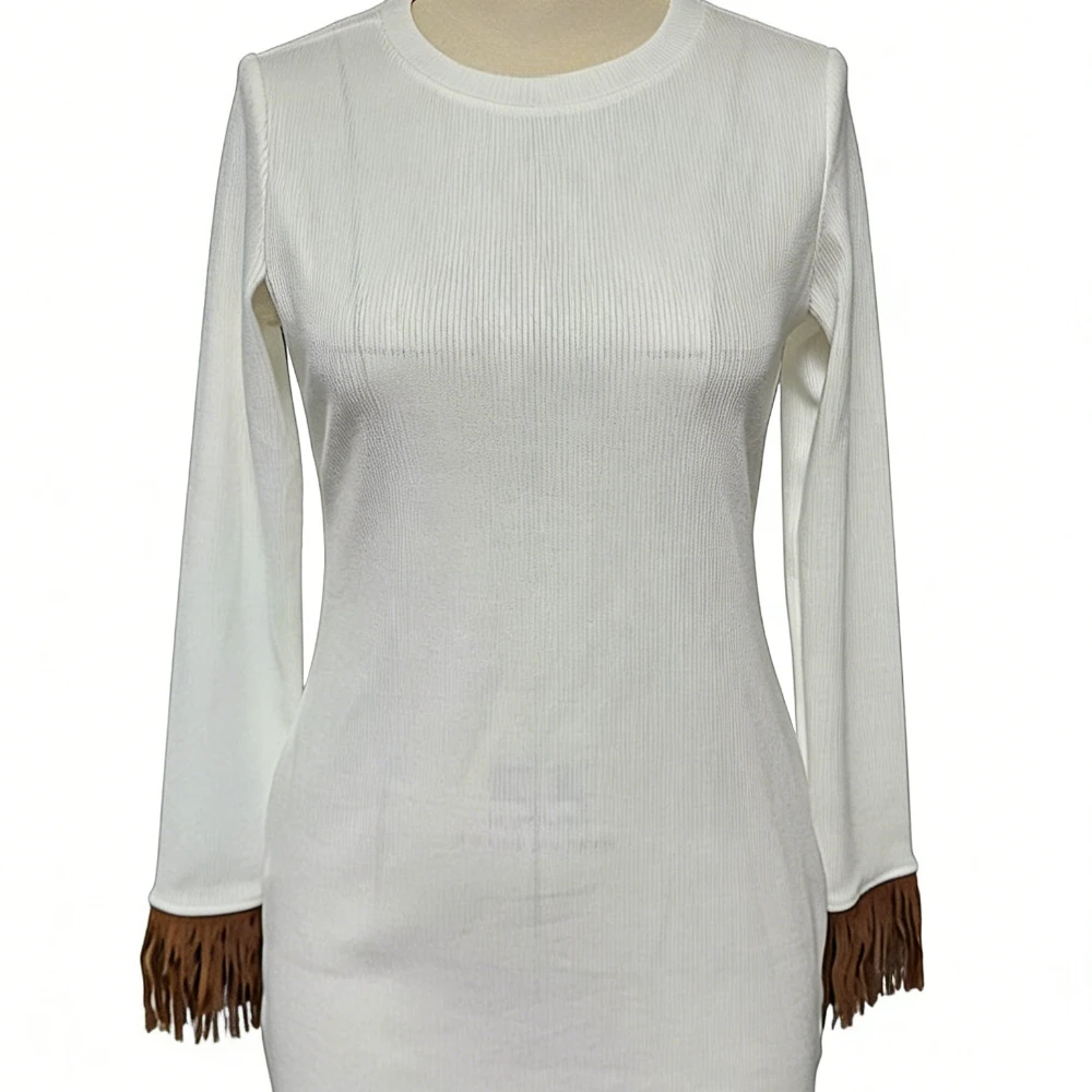 여성 패션 프린지 드레스 긴 소매 바디콘 스트라이프 드레스 태슬 장식 보헤미안 시크 파티 페스티벌 데이트 나이트 스트리트웨어