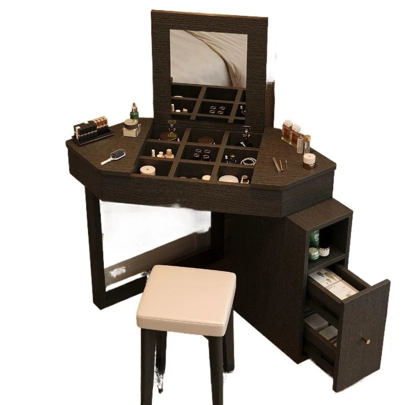 corner flip dresser, small bedroom, corner triangle makeup table against the wall