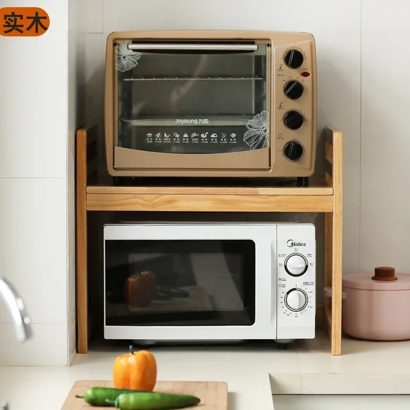 Solid Wood Desk Kitchen Wooden Microwave Oven Countertop Shelf Stove Rack Two Layer