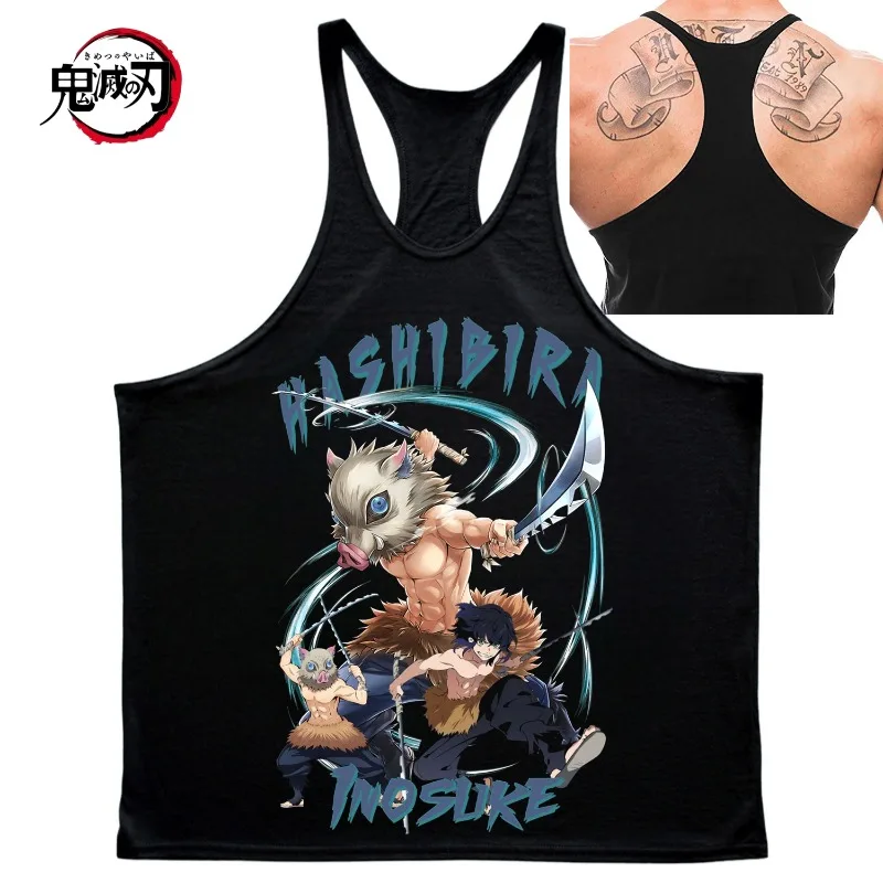 เสื้อกล้ามออกกำลังกายลายดาบพิฆาตอสูร ฮาชิบิระ อิโนะสุเกะ -เสื้อกั๊กแขนกุดสำหรับเพาะกายผู้ชาย ผ้าฝ้ายและดีไซน์รูปตัว Y ระบายอากาศได้ดี