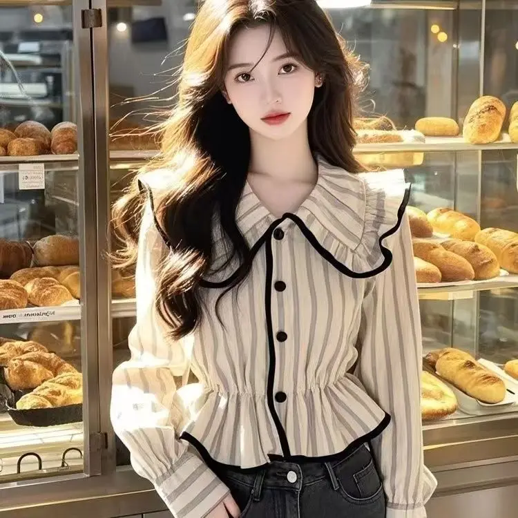 

Рубашка с французским кукольным воротником, осень-зима, ретро, нежный темперамент, абрикосовый полосатый топ