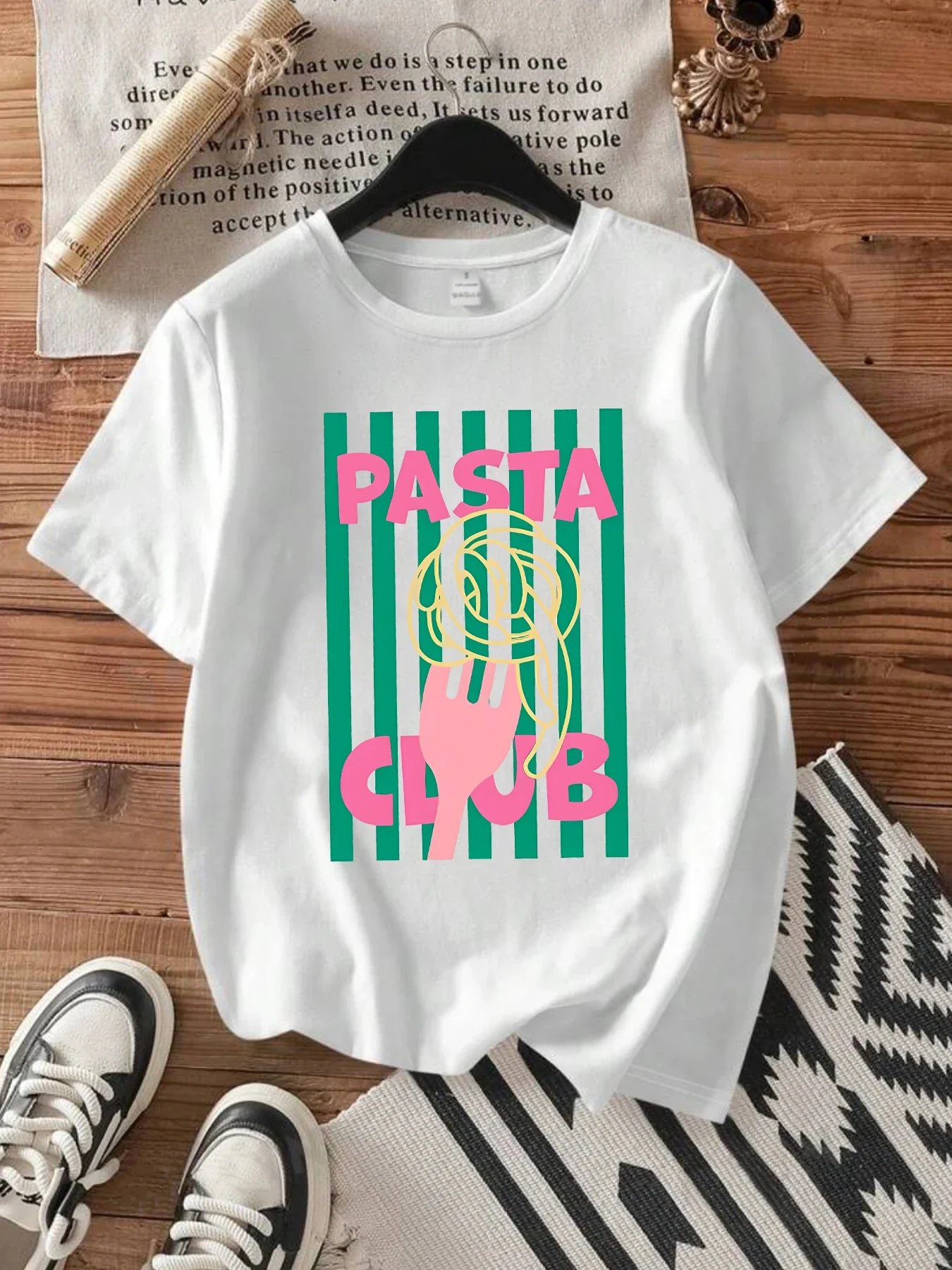 Pasta fork pattern round neck  T-shirt short sleeve trend printing elastic half sleeve T-shirt my body my choice
