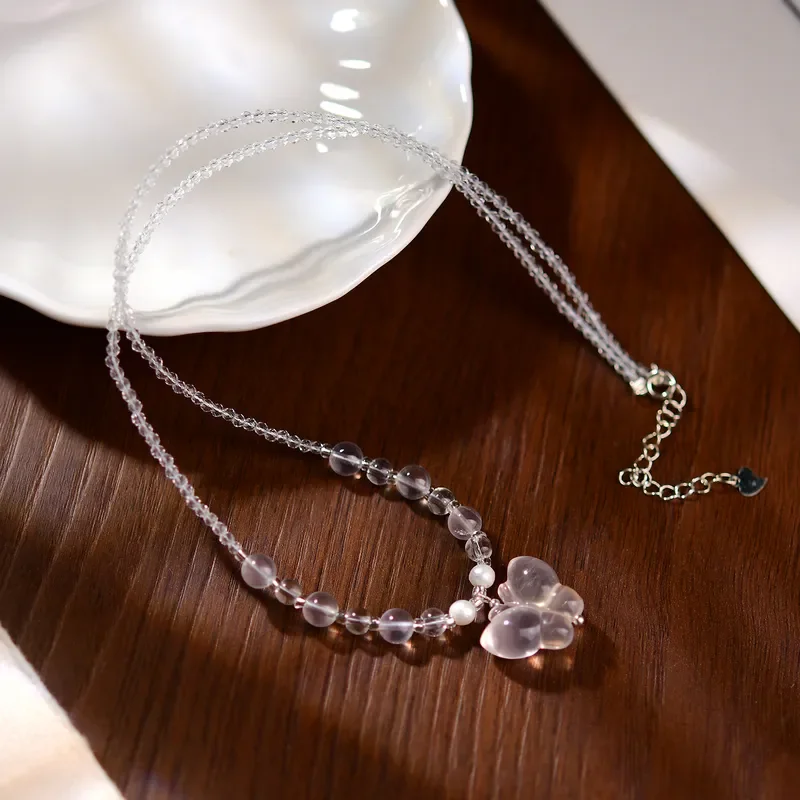 Powder Crystal Necklace Sweet Versatile Fashion Necklace Female Ice Pink Butterfly Niche Cute Exquisite Crystal Necklace