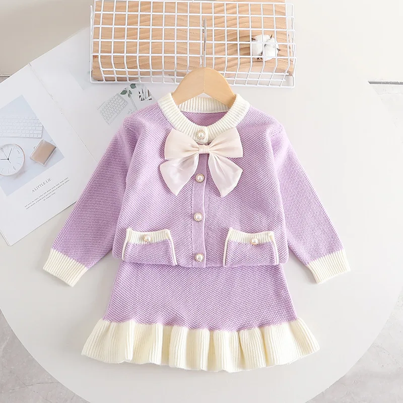 Knitted Suit Autumn Children Suits Kids Girls Casual 2 Pieces Sets Knitting Sweater+Skirt Baby Winter Girls Baby Clothes Sets