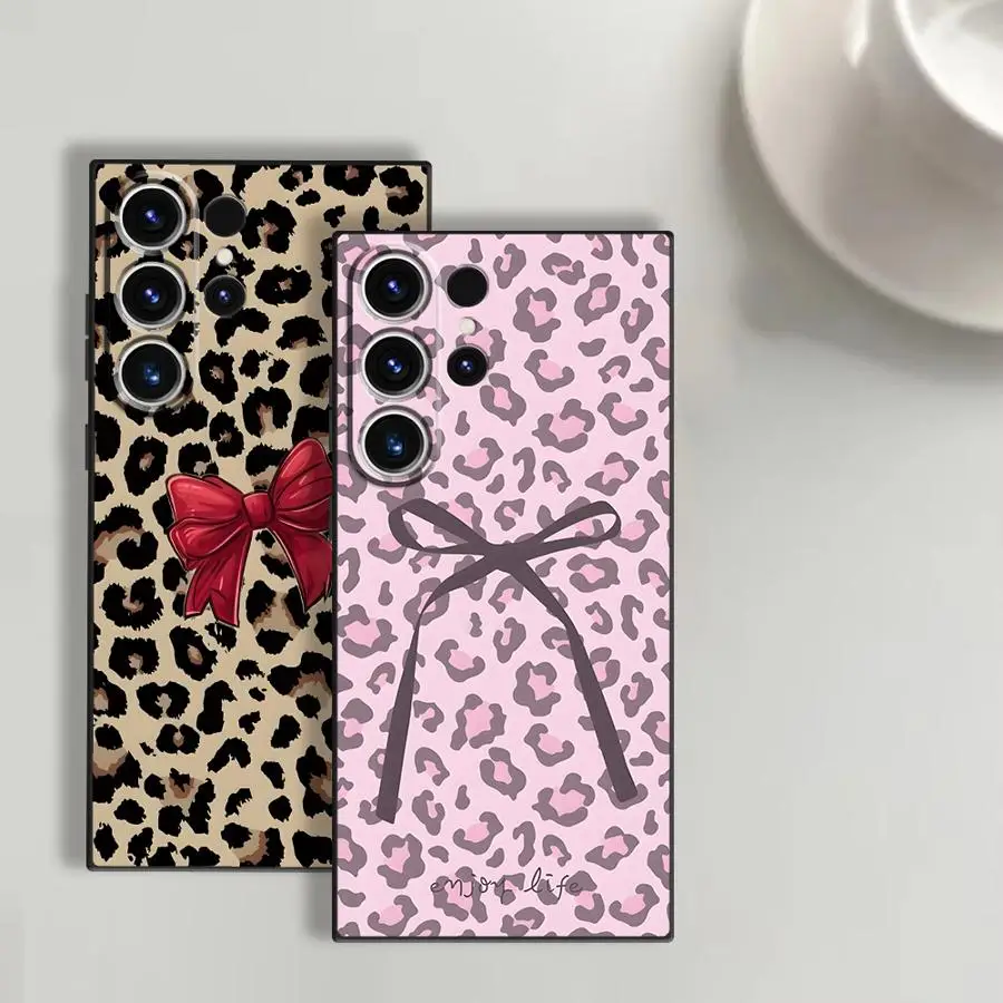 Creative Leopard Print Bow Funda Phone Cover Case for Samsung Galaxy S26 Ultra S21 FE S23 Note 20 8 9 10 S10 S9 S20 Ultra S25