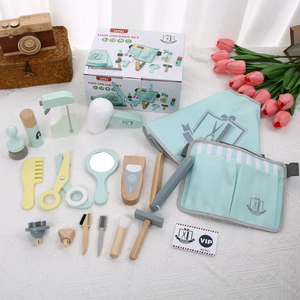 Simulated Hair Bag Set, Children's Home Play, Role-Playing, Hair Cutting Tools, Wooden baby Makeup