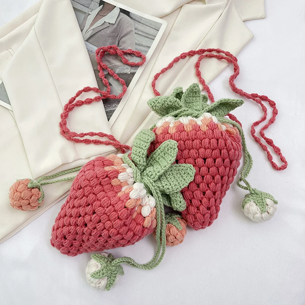 2023 Novelty Strawberry Crossbody Bag Handmade Knitted DIY Personalized Crochet Wool Small Satchel Bag Cartoon Cute Sling Purses