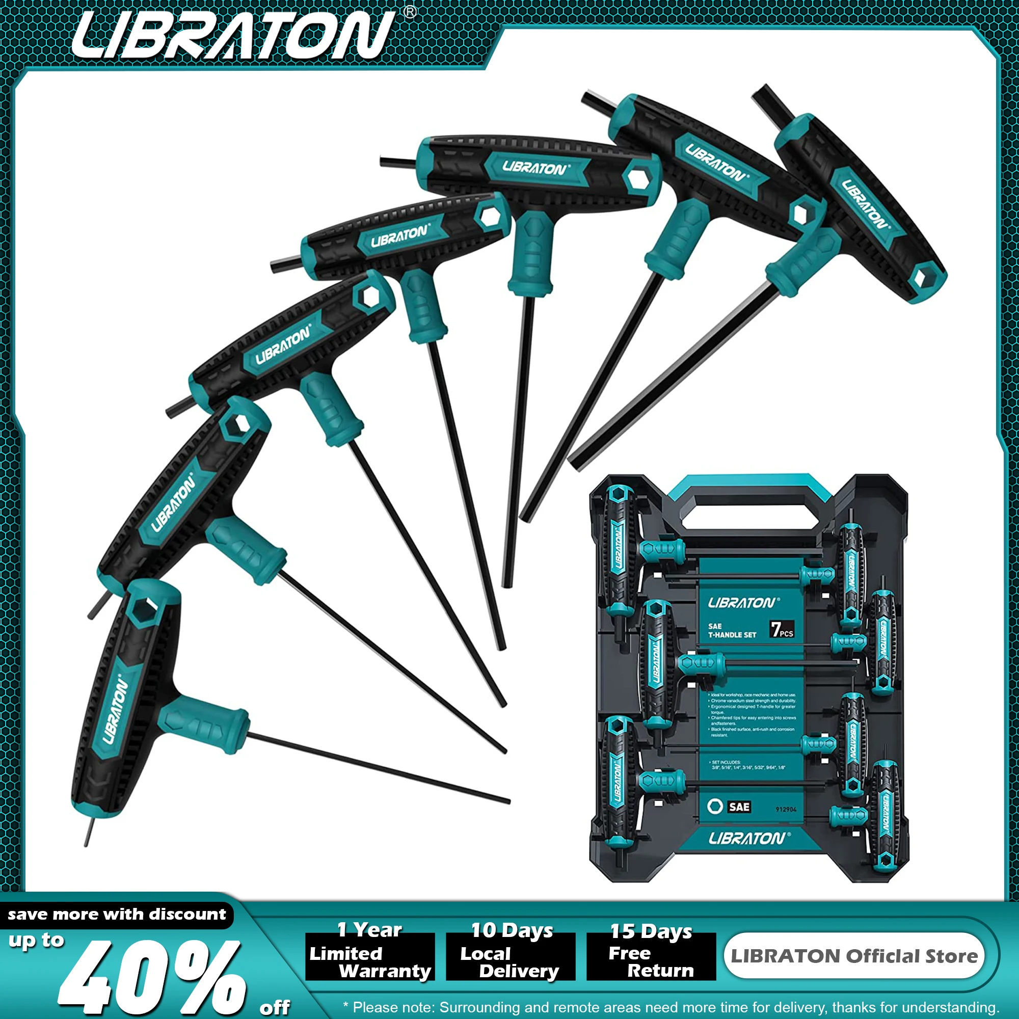 

LIBRATON 7PCS T-Handle Hex Key Set SAE / Metric T Handle Allen Wrench Set Two-End 1/8"- 3/8" / 2.5mm-10mm Auto Bike Repair Tool