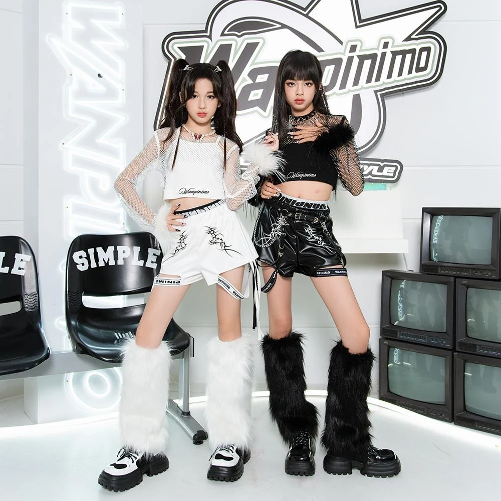 

Детские танцевальные костюмы в стиле хип-хоп для девочек, топы с сетчатыми рукавами, свободные шорты, костюм, современная одежда для джазовых выступлений, сценическая одежда DQS18018