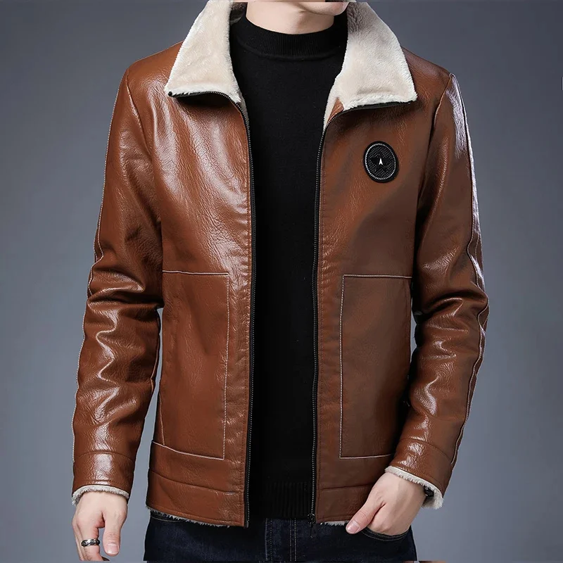 

Male Windproof Winter Vintage Overcoat Men Leather Jacket Motorcycle Casual Warm Fleece Biker Bomber Pu 5Xl