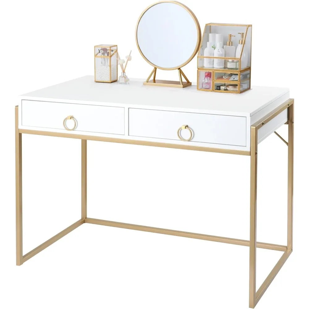 Anmytek Home Office Writing Desk 2 Drawers Storage, Contemporary Makeup Vanity Table Study Desk, W/Matte White and Gold Finish