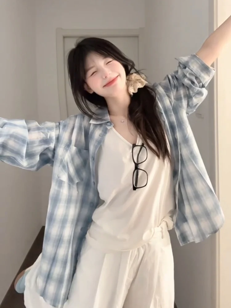 Korean Sle Anti-Uv Long Sve Plaid irt Women's Spring Autumn New High-End Feeling Personali Top Coat Vintage Loose Fit