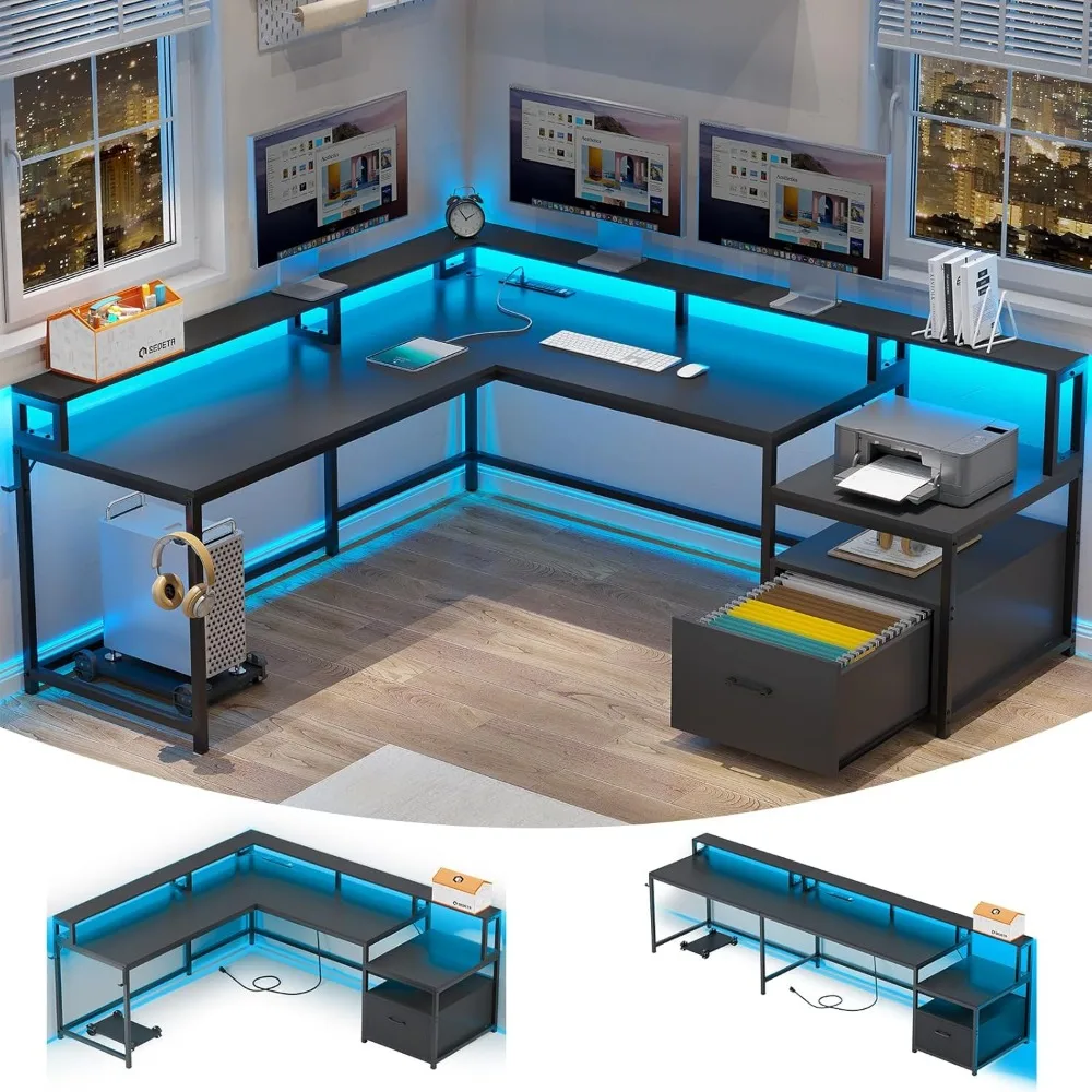 

L Shaped Gaming Desk, 66" Home Office Desk with File Drawer & Power Outlet, Corner Gaming Computer Desk with Led Lights, Monito