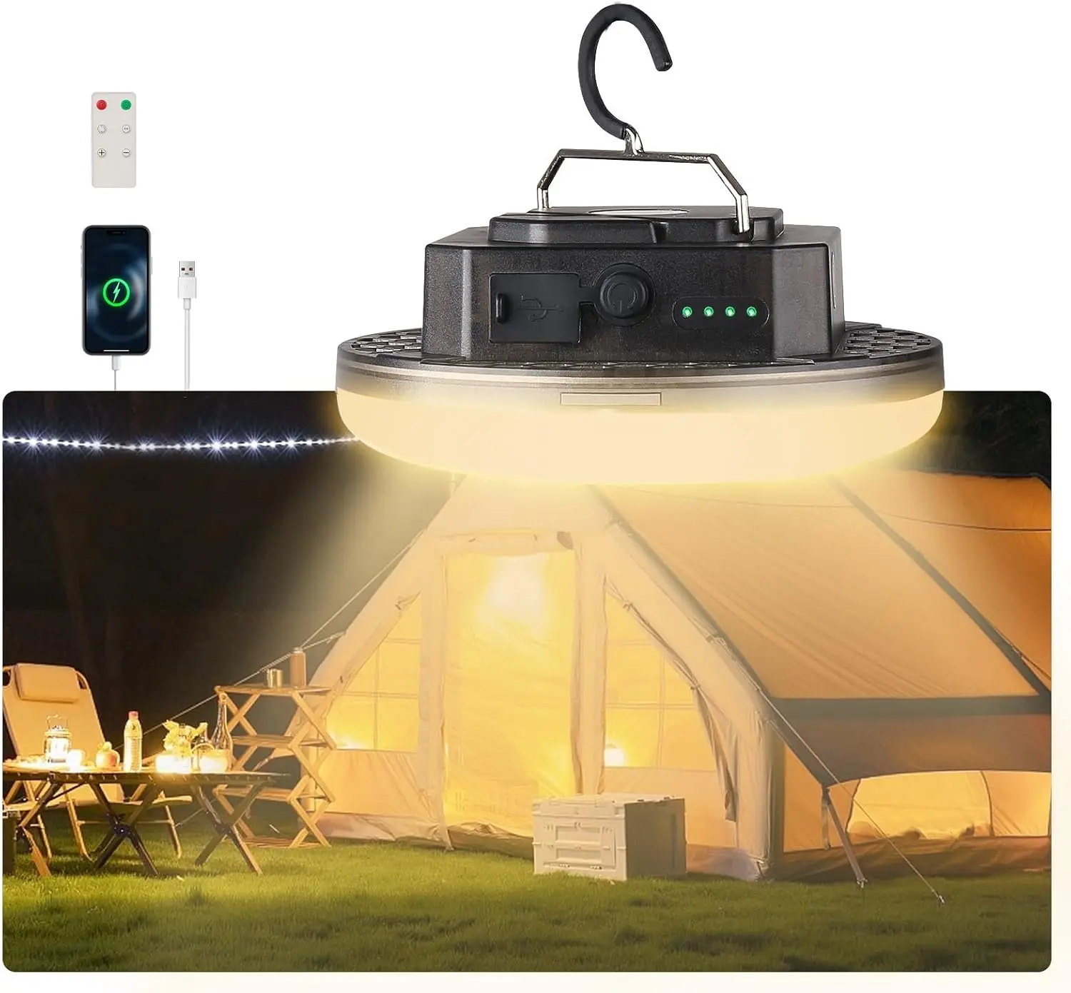 

Rechargeable LED Camping Lantern with Remote, IPX5 Waterproof Portable Light for Outdoor Glamping and Indoor Use