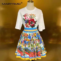 MARYYIMEI Summer Women's Suit Short-Sleeved Casual Basic Tops+Silk Pleated Skirt Fashion Print Holiday Two Piece Set