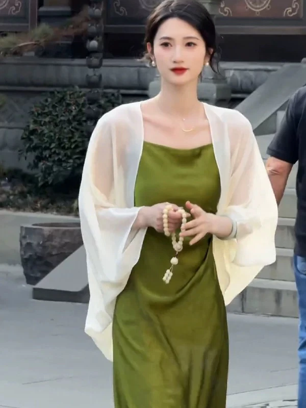 

Women's Summer Ice Silk Chiffon Sun Protection Cardigan Svel Outerwear with Strap Dres Small oulder Pad Cover up