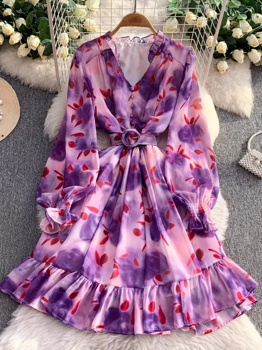 Foamlina 女性 V ネック花柄シフォンドレス長袖ネクタイウエストフリル裾スリムフレンチスタイルスリムフィット秋の摩耗