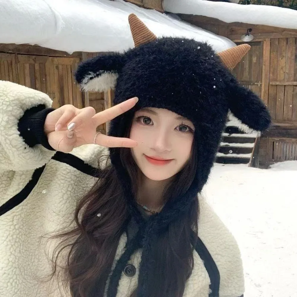 Cute Knitted Hat Korean Style Wind Proof Earflap Cap Fleece Lined Trapper Hat Daily Outing