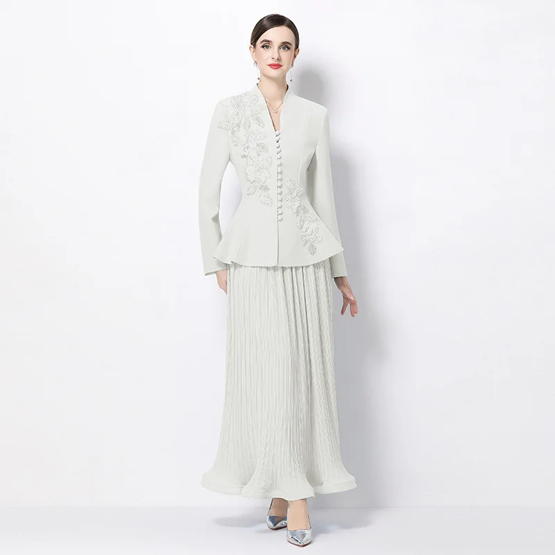 Wein Woman Spring New Style Elegant Three-dimensional Flower Studded Waist-hugging Suit Set with Pleated Skirt, Two-piece Set