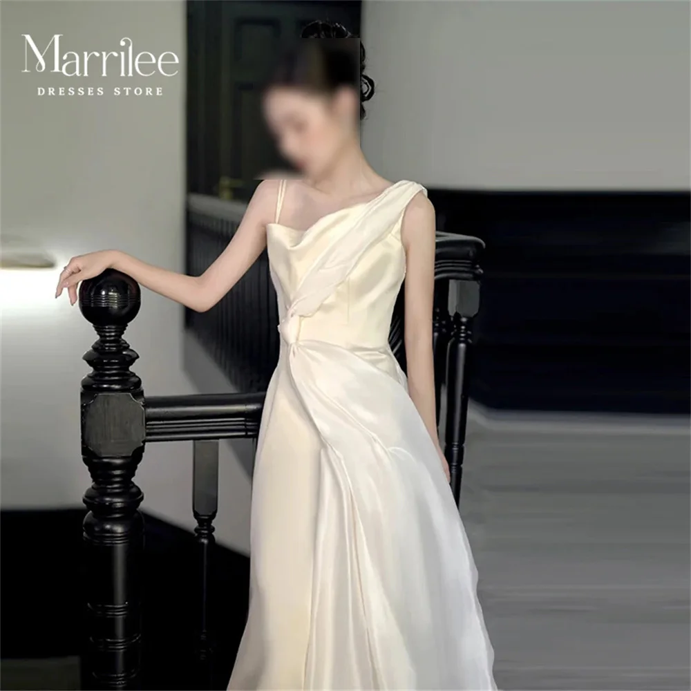 Marrilee Modest Satin Wedding Dress Korean Spaghetti Straps Open V Back Bridal Dresses Large Bow Back Long Pleated Bride Dresses