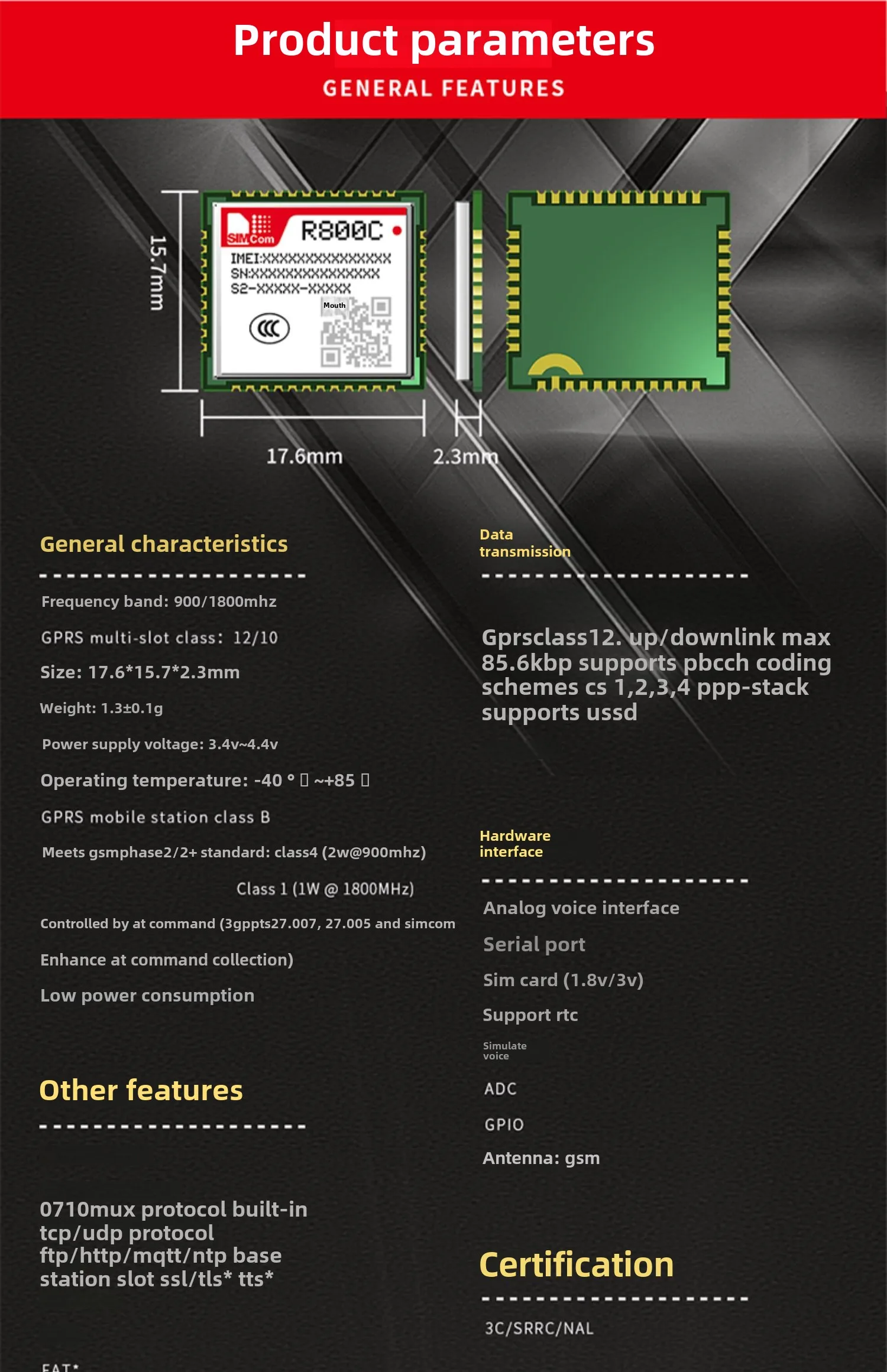 SIMCom boutique GPRS modulo di comunicazione wireless 2G R800C compatibile con sim800c 5 PZ