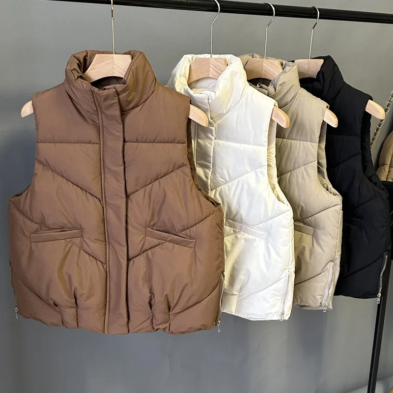 Women Vest Parkas Short Coats Solid Regular Stand Collar Sleeveless Thick Warm Jackets Winter 2025 Splice Zipper Pockets Coat