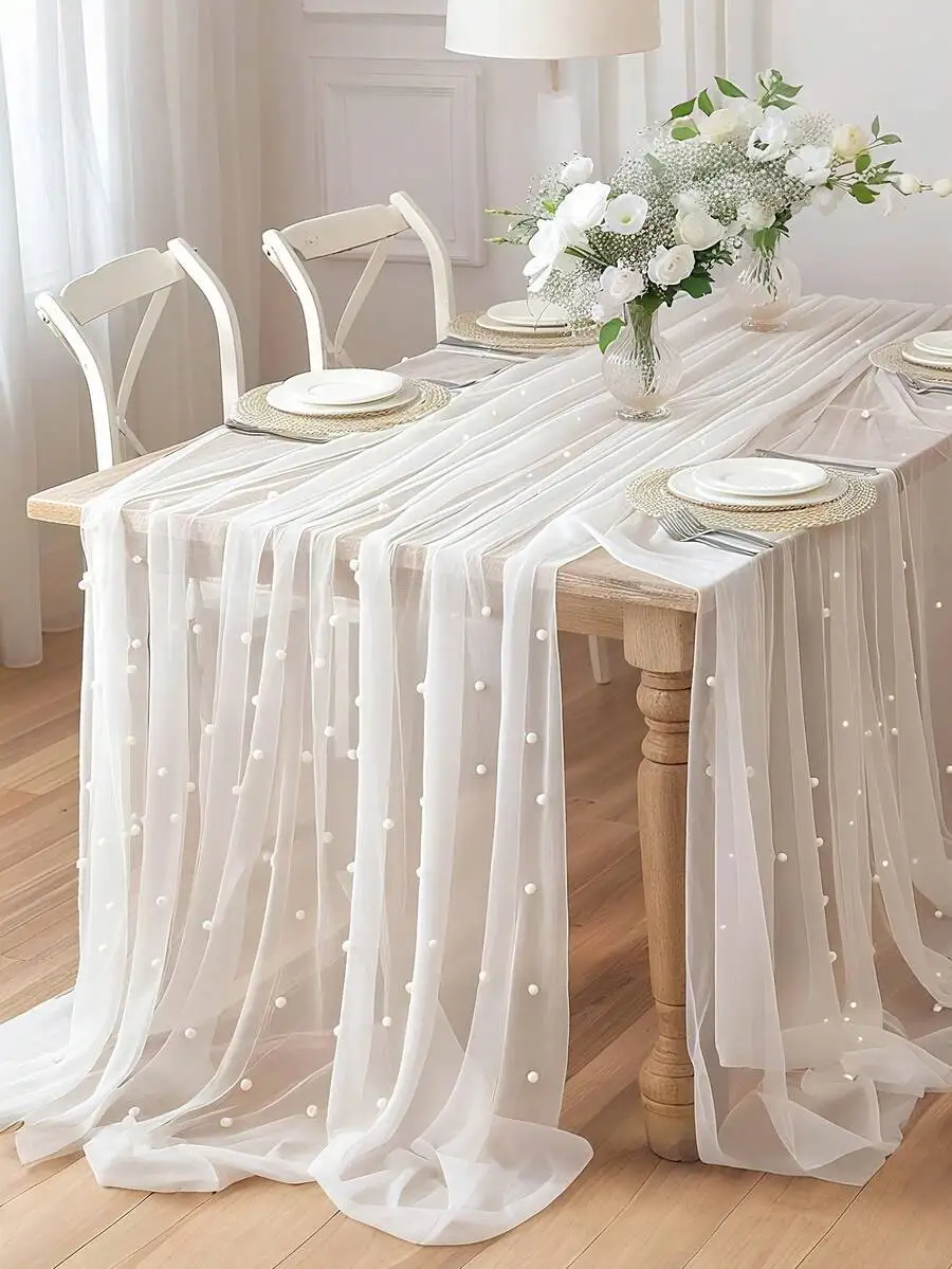 

White Sheer Tulle Table Runner with Pearl Embellishments for Wedding, Party, or Home Decor