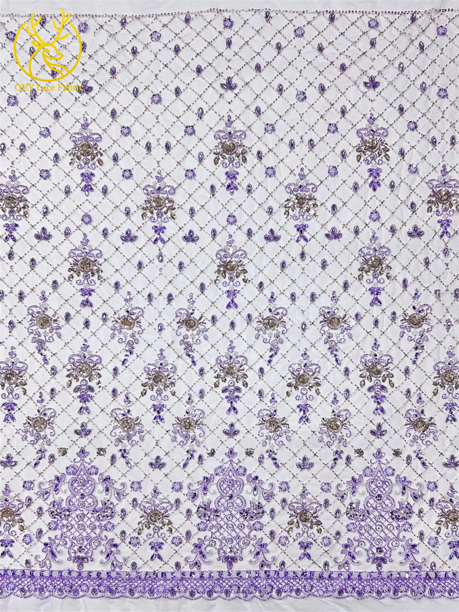 Lila afrikanischer Edelstein-Perlen-Spitzenstoff 2026 Luxuriöser französischer Pailletten-Spitzenstoff für Damen Brautkleid Hochzeitskleid Nähen 5 Yards – Detail 6
