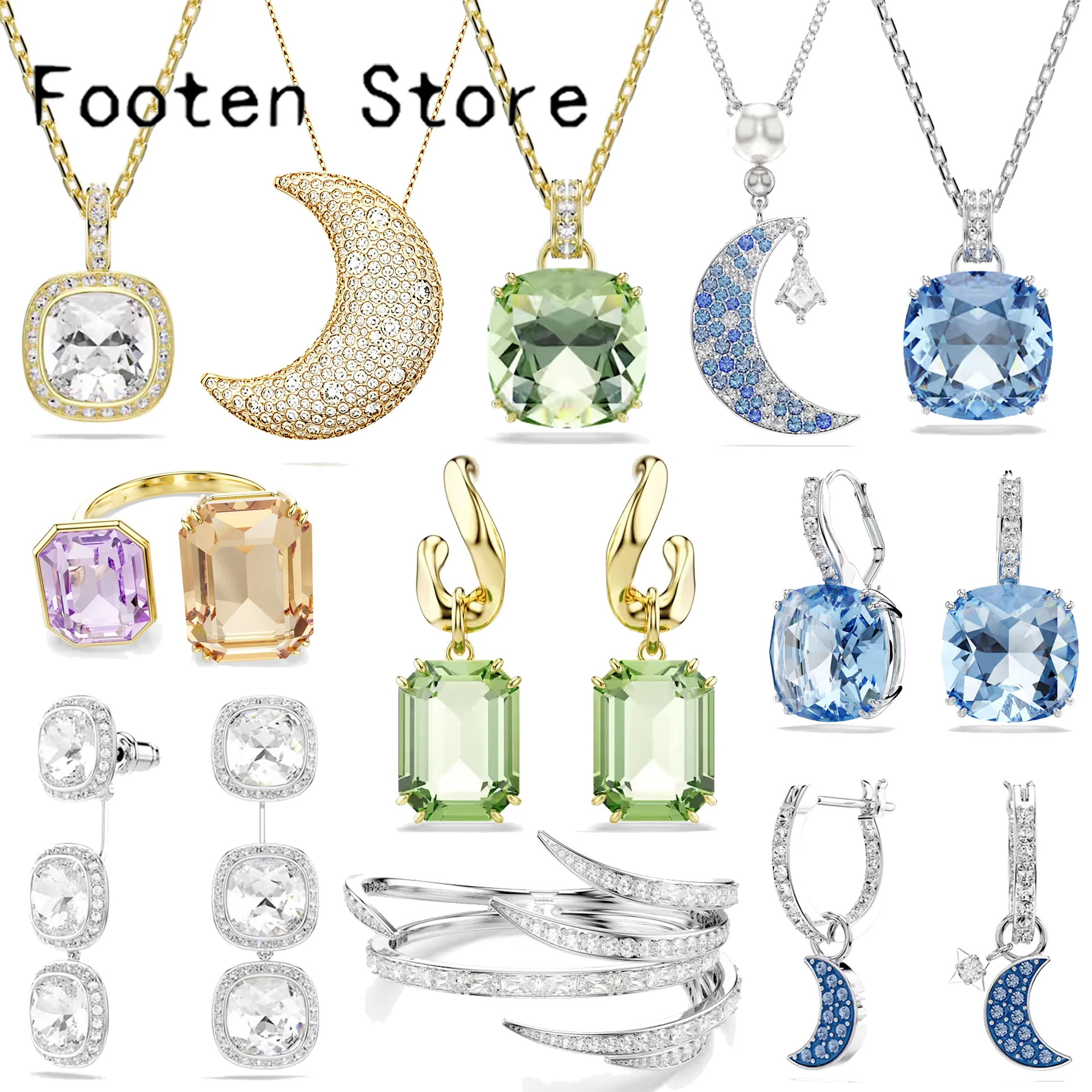 Nueva Tendencia 2026, Conjuntos de Joyería de Lujo para Fiestas, Pendientes de Gota de Agua Azul Luna, Verde y Morado, Collar de Cristal, Pulsera para Mujer