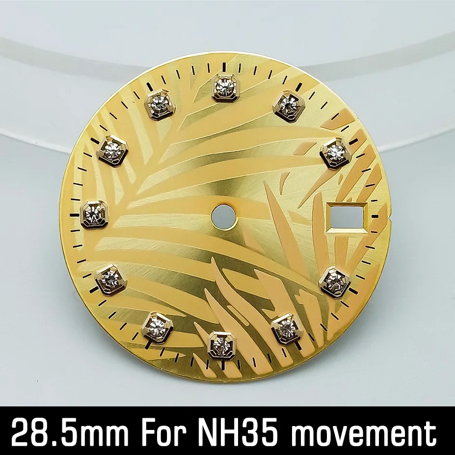 Esfera de reloj con diamantes de 28,55mm, esfera luminosa verde para movimiento NH35 NH36, piezas de reloj, calendario único, logotipo personalizable