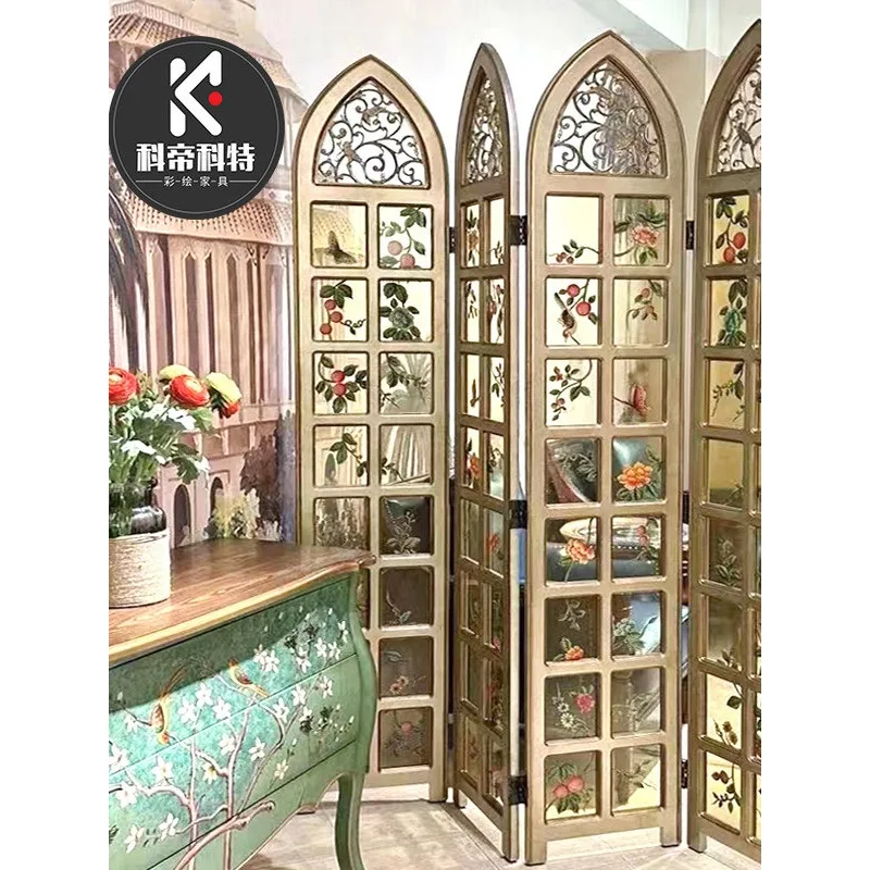 French screen partition for living room, light luxury mobile foldable soft partition, American background art glass bedroom fold