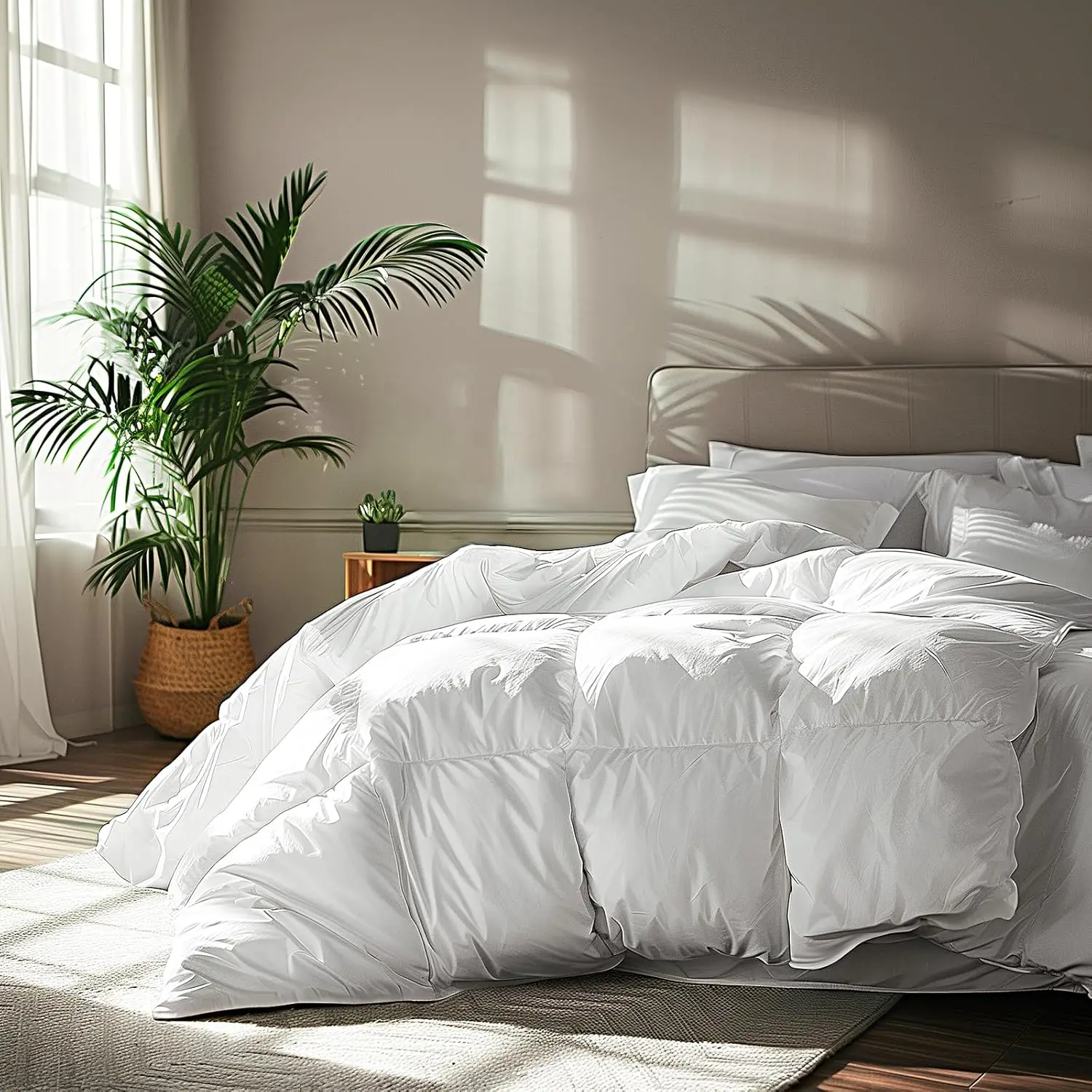 

Queen Size Goose Feather Down Comforter - 100% Cotton, Hypoallergenic, All Season Medium Warmth, 90x90 Inch White