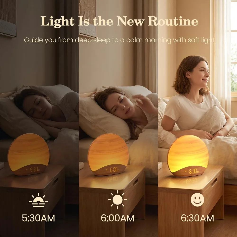 Natural Wood Grain Sunrise Alarm Clock, 26 Soothing Sounds, Dimmable Night Light for Baby Kids Adults view 2