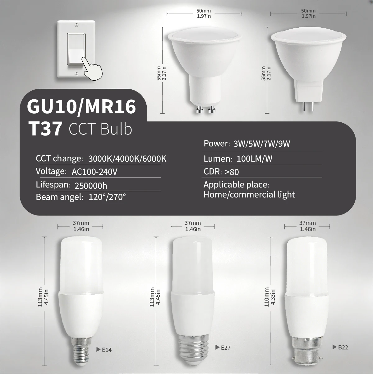 Multi Base CCT Color Change LED Light Bulb E14 E27 B22 GU10 MR16 3000K-6000V AC100-240V Wall Switch Halogen Replacement Lamp
