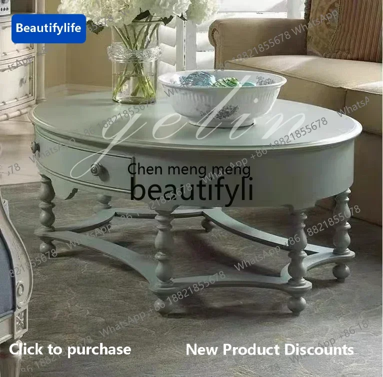 183ff American solid wood coffee table oval coffee table high-end retro living room light luxury tea tableA
