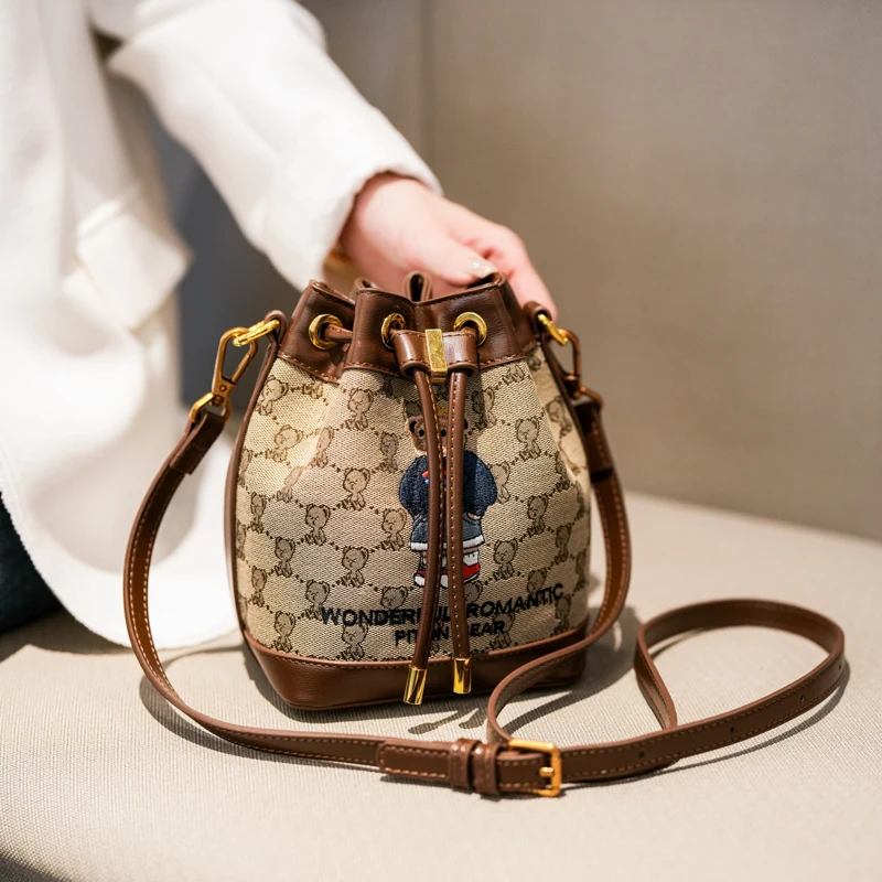 

INS trendy crossbody bag for women Girl purse,Ladies' drawstring bucket bag,Little Bear embroidered design women's shoulder bag