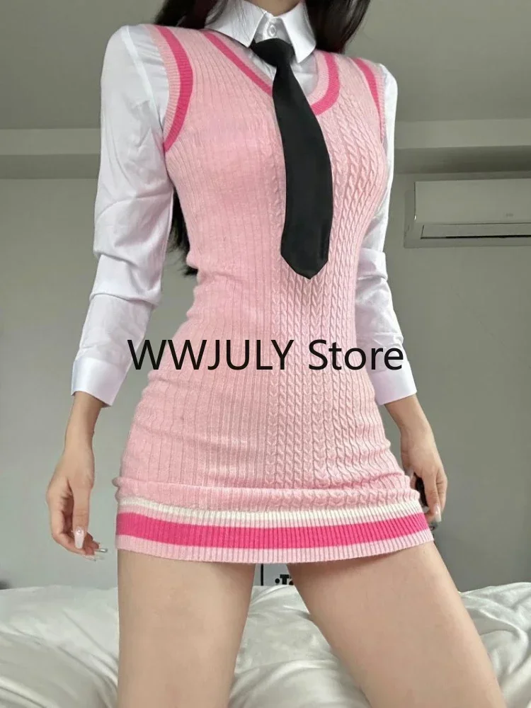 Terno de malha feminina, uniforme rosa, camisa fina, mini vestido Y2K, bodycon sexy, moda casual japonesa, verão, conjunto de 2 peças, 2024