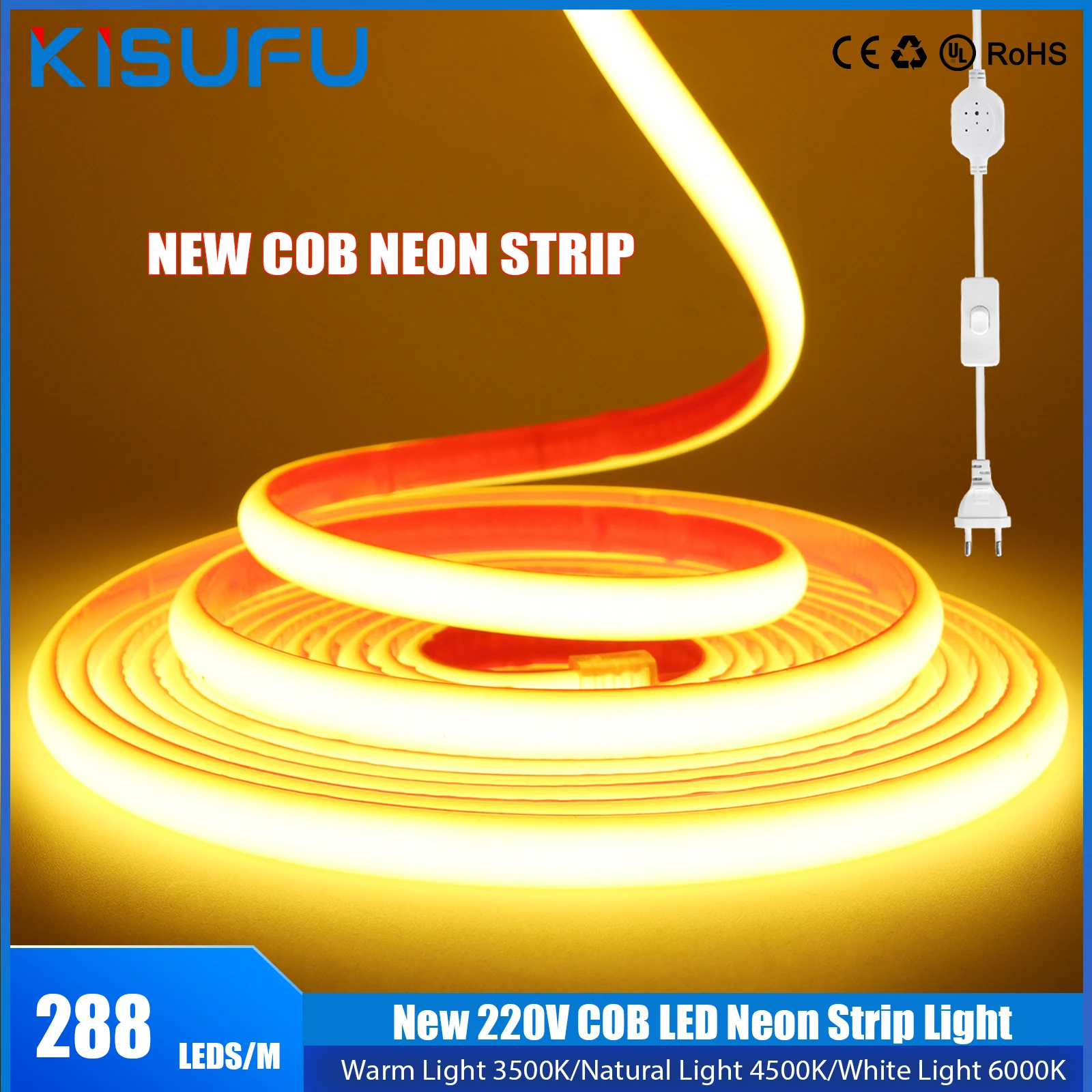 220V COB LED Neon Strip Light With/NO Switch EU Plug Kit 288Led/M IP67 Waterproof Flex Adhesive Tape Home Garden Lighting 1M-50M