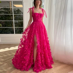 Fuchsia Spaghetti Strap Prom Dresses Flowers Party Gowns Applique A-Line Evening Dress High Slit Floor Length فساتين السهرة