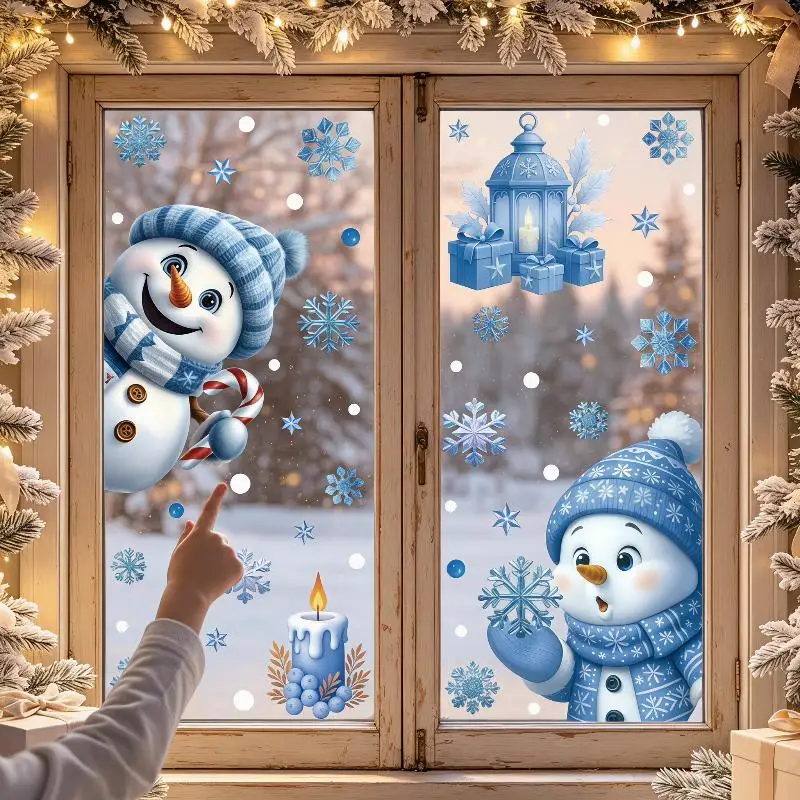 Cartoon Santa Snowman Snowflake Christmas Sticker 1/2 Sheets Self Adhesive For Wall Window New Year Home Decoration