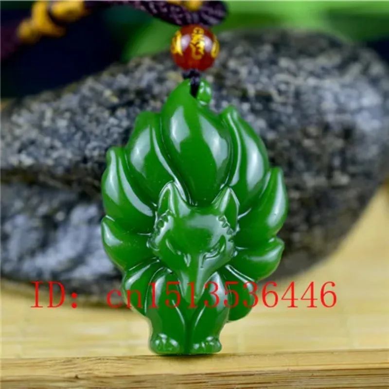 Natural Green Jade Seven-tailed Fox Pendant Necklace Charm Jewellery Fashion Accessories Hand-Carved Man Luck Amulet Gifts