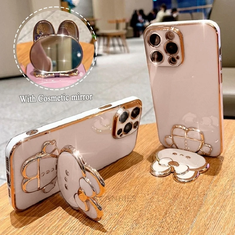 S 24 23 22 Luxury Plating Mirror Holder Case For Samsung Galaxy S23 S20 S21 Fe S22 S24 Plus Ultra Silicone Stand Cover Note 20