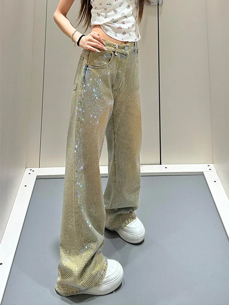 Y2K Women Diamond Jeans Spicy Girl Design Summer Spring New Style Personality Star Print Niche Straight Leg Long Pants