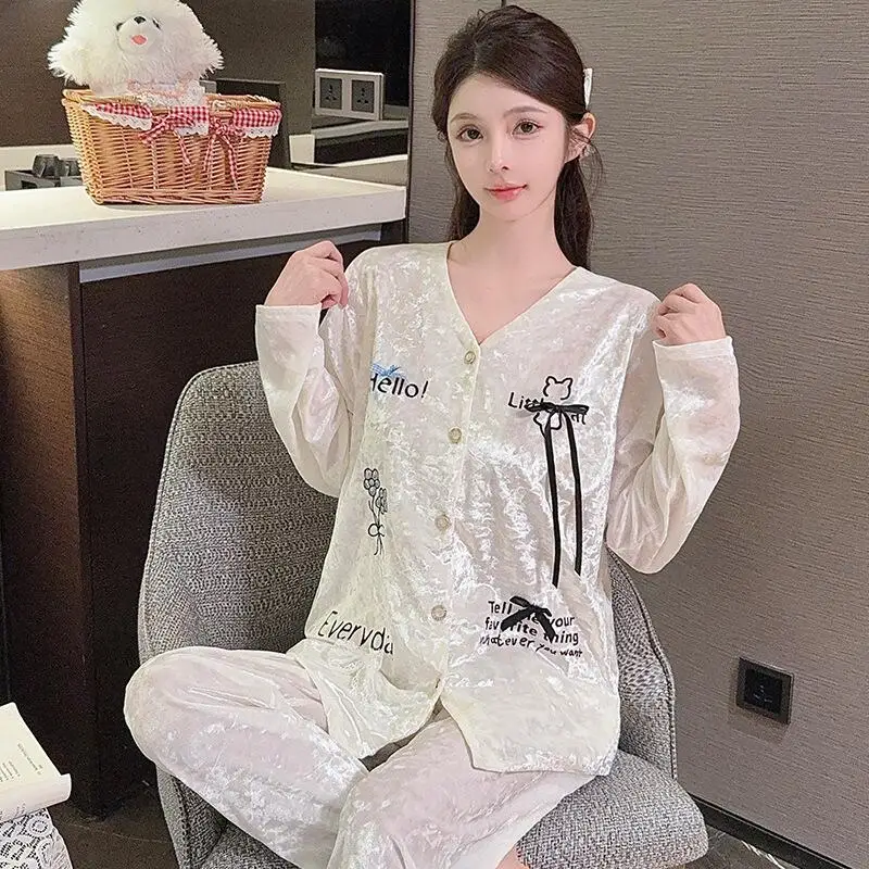 

Горячая новинка 2023 года, мягкая и удобная ночная рубашка, женский осенне-зимний комплект с длинными рукавами, милая домашняя одежда, которую можно носить на улице