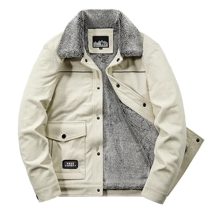 New Fashion Men Winter Corduroy Down Jackets Man Fleece Warm Multiple Pockets Casual Tooling Jackets Male Cargo Coats Size 4XL